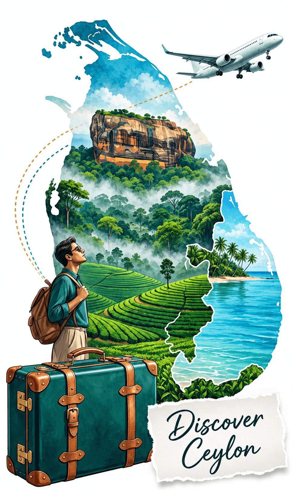SkyCeylon handcrafted journey artistic collage with Sigiriya, tea country, suitcase, and plane