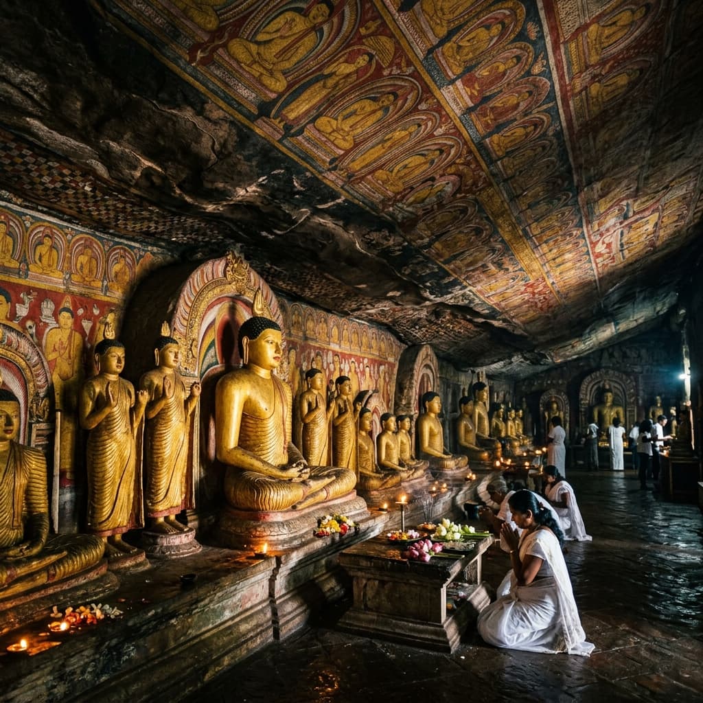 Golden Buddha statues inside Dambulla Cave Temple
