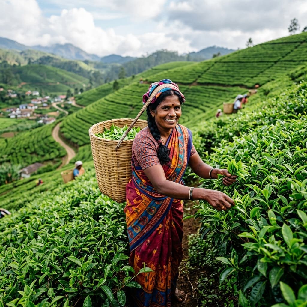 Tea picker woman in colorful saree on hillside plantation